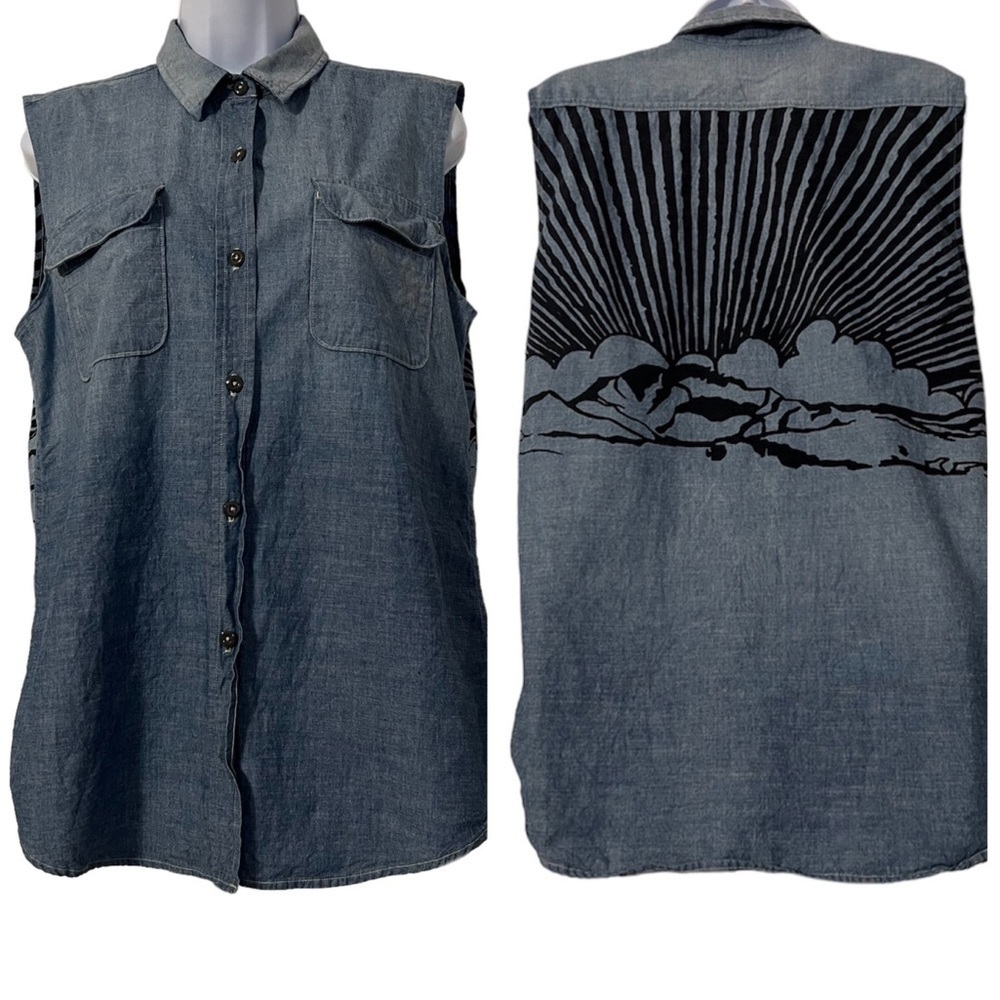 Coast Wide Western Sleeveless Ombre Cloud Mountain Graphic Denim Button Up Sz L